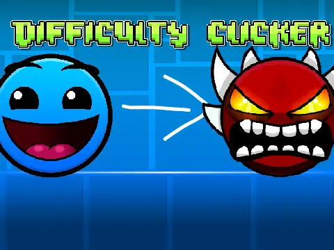 Difficulty Clicker v9.5 screenshot showing upgrades, achievements, and Geometry Dash themed interface