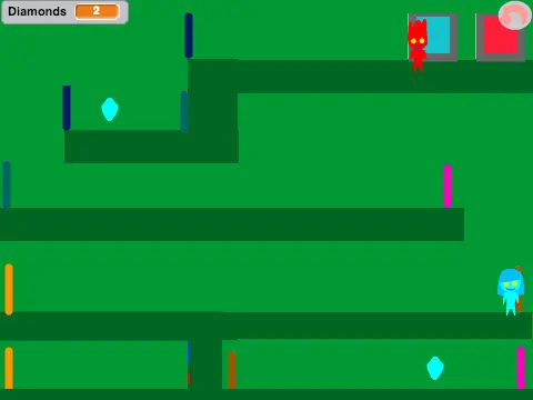 Fireboy and Watergirl gameplay in portal temple with Geometry Dash elements