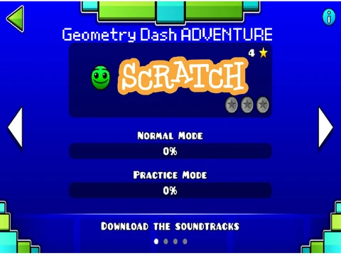 Interface of Geometry Dash Adventure showing multiple levels