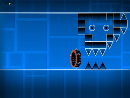 A challenging scene from the Insane-rated Geometry Dash Ball Challenge MORE HARDER level, showing tight spikes and a jump pad.