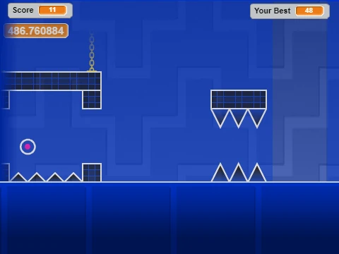 A difficult 'Demon' rated section in Geometry Dash, showing a narrow ship corridor with spikes