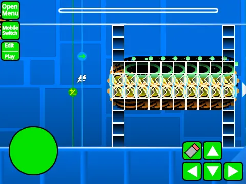 Screenshot of the advanced Geometry Dash level editor interface with tools and objects