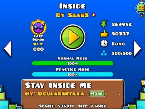 Screenshot of the Geometry Dash Inside remix level showing ship mode and jump pads