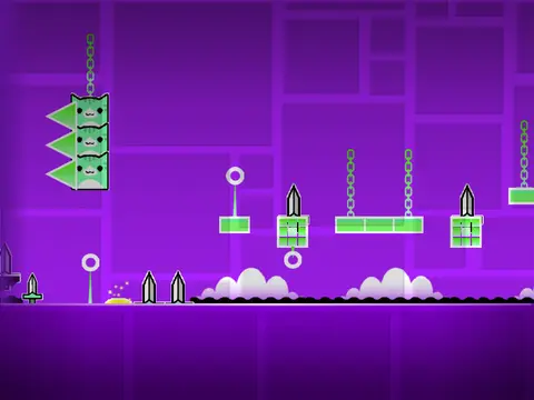 Geometry Dash Juniper theme with purple trees and orbs