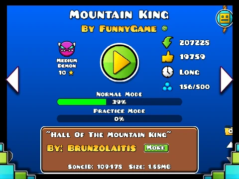 Geometry Dash Mountain King NoClip level showing modified jump mechanics
