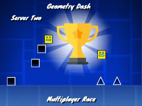 Geometry Dash Multiplayer Race Server Two showing cloud-themed racing track with multiple players