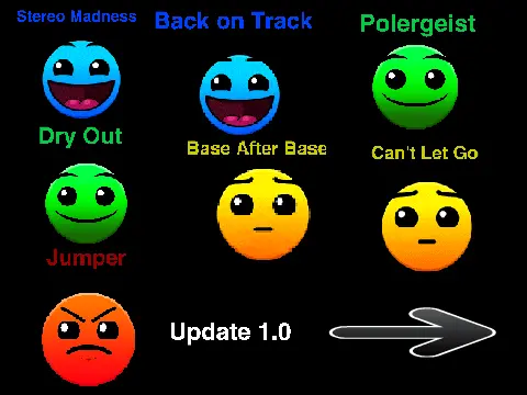 Geometry Dash Music D V1 interface showing complete soundtrack collection with demon and standard level songs