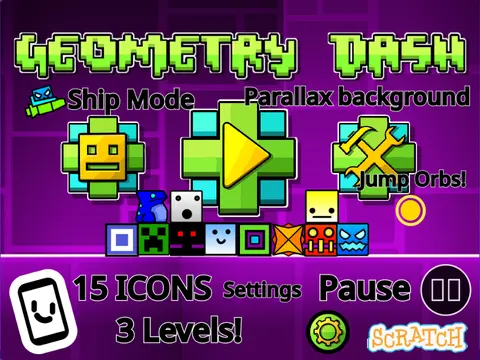 Geometry Dash on Scratch Version 2 showing extensive features and customization
