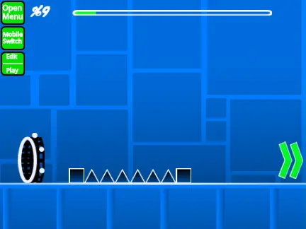 Geometry Dash Robot Challenge gameplay screenshot showing editor interface and character