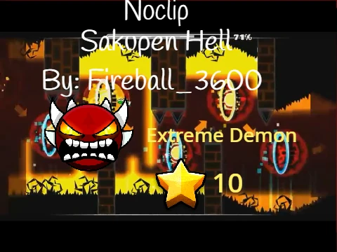 Gameplay view of the Sakupen Hell level in Geometry Dash with noclip mode active