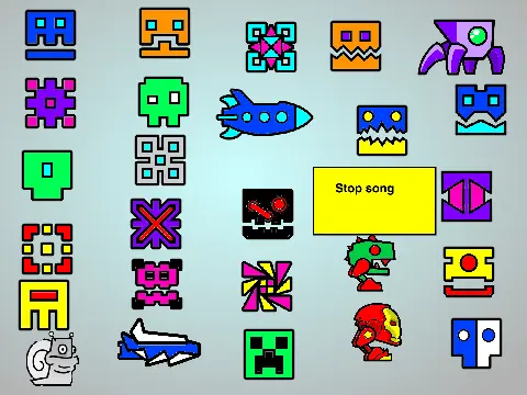 Geometry Dash Soundboard with icons for playing songs like FingerDash and ToE III