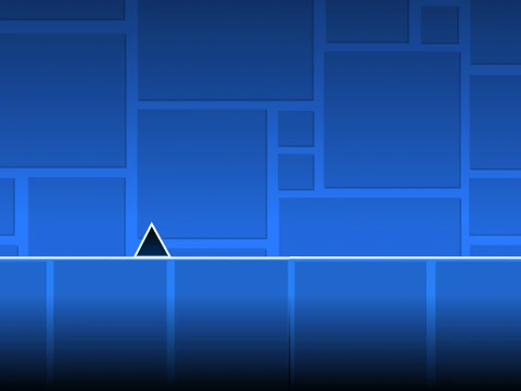 Screenshot of Geometry Dash V2.0 showing its animated main menu with particle effects