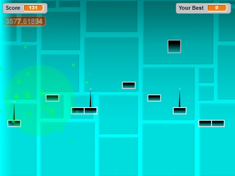 Geometry Dash v character jumping over spikes in a colorful level