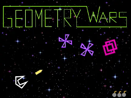 Screenshot of Geometry Wars Complete game showing colorful enemies and player ship