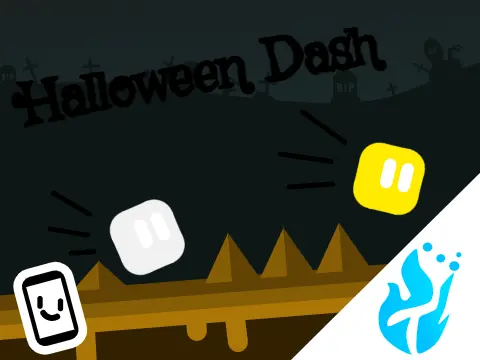 Halloween Dash game character jumping through spooky themed obstacles